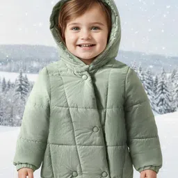 Babyoye Woven Full Sleeves Solid Dyed Hooded Padded Jacket - Light Green-picture-29
