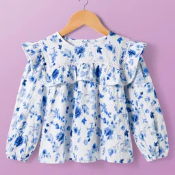 kookie kids india Kookie Kids Woven Full Sleeves Floral Printed Top with Lace & Frill Detailing - Blue-picture-23