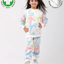 Anthrilo Fleece Knit Full Sleeves Bows Printed Coordinating Winter Sweatshirt With Joggers Set - White-picture-25