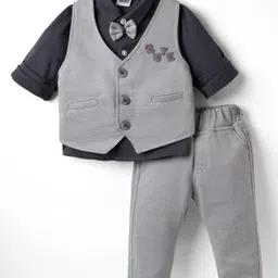 Mini Taurus Sinker Knit Full Sleeves 3 Piece Party Suit with Text Embroidery & Bow Applique - Grey-picture-11