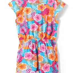 Babyhug Cotton Knit Sleeveless Jumpsuit with Floral Print & Bow Applique - Pink & Orange image 2
