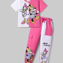Ollington St. Disney Single Jersey Knit Half Sleeves T-Shirt and Full Length Bottom with Minnie and Friends Graphics and Pocket Detailing - White & Dark Pink image 2