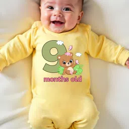 KNITROOT Cotton Knit Full Sleeves 9 Months Old Text Teddy Printed Romper - Yellow image 4