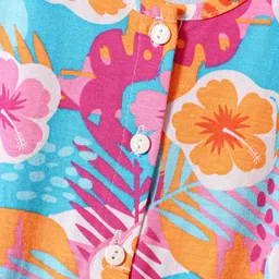 Babyhug Cotton Knit Sleeveless Jumpsuit with Floral Print & Bow Applique - Pink & Orange image 4