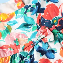 Babyhug Cotton Knit Frill Sleeves Frock with Floral Print & Bow Applique - Multicolor image 3