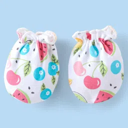 Babyhug 100% Cotton Fruits Printed Cap Mittens & Booties Set - Multicolour image 5