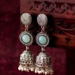 Anouk Silver Silver Plated Kundan Studded Geometric Dome Shaped Jhumkas-picture-29
