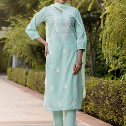 KALINI Floral Embroidered Notch Neck Thread Work Kurta & Trousers With Dupatta-image-7