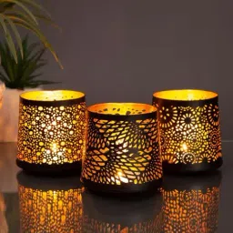 Home4U 'TASHULKA' Black & Golden Aluminium 12 cm Votive Candle Holder - Set of 3-picture-26