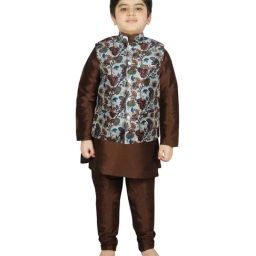 SG Yuvraj Kids White & Brown Floral Print Full Sleeves Kurta Set-picture-2