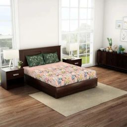 Spaces Peach & Green Cotton 144 TC Queen Fitted Bedsheet With 2 Pillow Covers-picture-35
