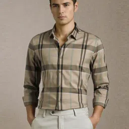 Louis Philippe Beige Cotton Slim Fit Checks Shirt-picture-29
