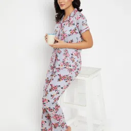 Clovia Grey Floral Print Pajama Set (Pack of 2) image 4
