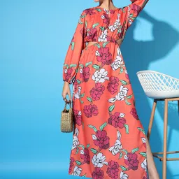 BAESD Floral Print Bishop Sleeves Cut-Outs Flared Slit Hem Fit & Flare Maxi Dress-picture-7