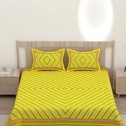Lali Prints Yellow Jaipur Cotton 180 TC Queen Size Bedsheets With 2 Pillow Cover image 2