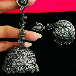 Sangria Silver-Plated Artificial Beaded Dome Shaped Oxidised Jhumkas-picture-18