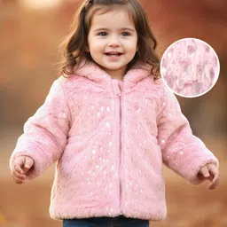 Babyhug Woven Full Sleeves Hooded Winter Fur Jacket with Pockets - Pink-picture-14