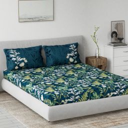 d'decor DDecor Blue White Floral Cotton 144 TC Queen Bedsheet with 2 Pillow Cover-picture-22