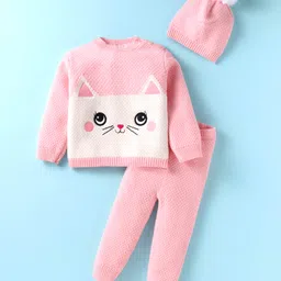 Yellow Apple Full Sleeves Sweater Set Kitty Design & Cap - Pink-picture-19