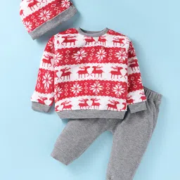 Little Kangaroos Fleece Knit Full Sleeves Winter Wear Set With Cap Deer & Snowflakes Design - Red & Grey-picture-27