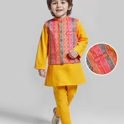Babyhug Woven Full Sleeves Kurta Pyjama Set With Printed Jacket - Mustard-picture-27