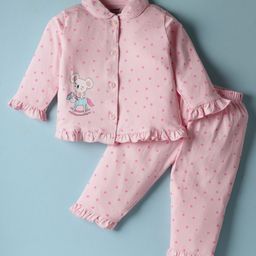 CUCUMBER Sinker Knit Full Sleeves Night Suit With Polka Dots & Mouse Print - Pink-picture-5