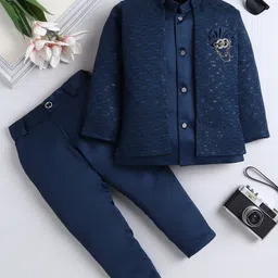 Fourfolds Jacquard Woven Full Sleeves Abstract Embroidered Sequins Embellished Sherwani With Pant & Jacket Set - Navy Blue-picture-16