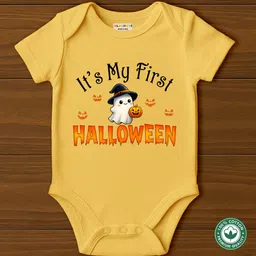 BLUSHES 100% Cotton Knit Halloween Theme Half Sleeves Its My First Halloween Text Printed Onesie - Yellow-picture-17
