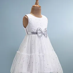 Babyhug Woven Sleeveless Foil Printed Fit & Flared Party Frock with Bow Applique - White image 2