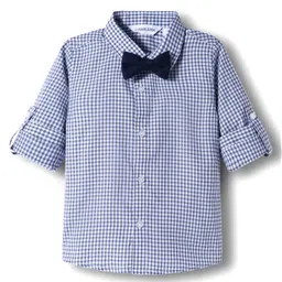 Mark & Mia Woven Full Sleeves Checkered Party Shirt & Trouser Set with Bow & Suspender - Navy Blue image 2