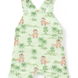 Babyhug Cotton Knit Dungaree and Half Sleeves T-Shirt Set Stripes & Dino Print - Orange & Light Green image 3