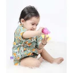 Polka Tots Cotton Half Sleeves Animal  Printed Onesie With Bag  - Green image 4