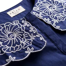 arias by lara dutta Arias Cotton Woven Full Sleeves Top With Floral Embroidery at Collar - Navy Blue image 2