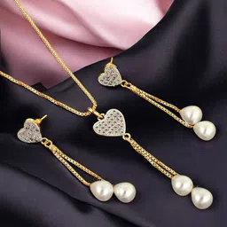LUCKY JEWELLERY 18K Gold-Plated American Diamond-Studded & Pearl-Beaded Jewellery Set image 1