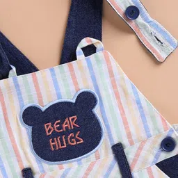 Wonderchild Teddy Bear Patch Detailed Striped Dungaree With Half Sleeves Tee Set - Deep Peach & Multi Colour image 5