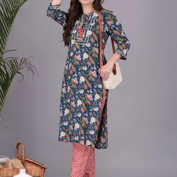 SHOBHIT Women Floral Printed Regular Thread Work Kurta with Trousers-picture-14