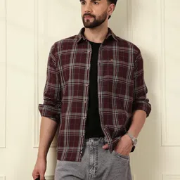 WROGN Men Comfort Slim Fit Tartan Checks Opaque Checked Casual Shirt-image-30