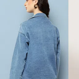 Aarika Washed Effect Lapel Collar Drop-Shoulder Sleeves Denim Jacket image 4