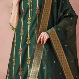 KAVINDI Women Regular Kantha Work Chanderi Silk Kurta with Trousers & With Dupatta image 2