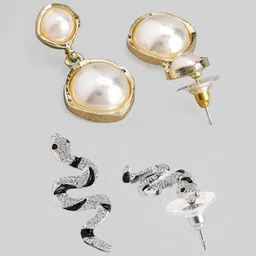 Rubans Set Of 3 Contemporary 18K Gold & Rhodium Plated Earring with Pearl and Snake Motifs image 2