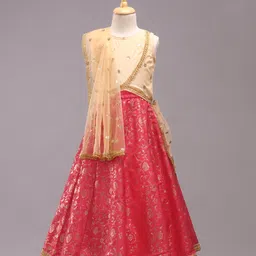 Babyhug Sleeveless Glitter Printed Choli with Lehenga & Dupatta Set - Pink Beige-image-26