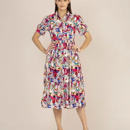 AMSWAN Women Shirt Collar Puff Sleeve Fit and Flare Midi Dress-picture-25