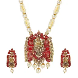 Anouk Gold Plated And Red Artificial Stones Studded & Beaded Necklace And Earrings image 3