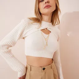 Happiness istanbul Women Krem Ribbed Crop Pullover Sweaters-picture-29