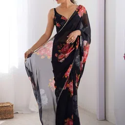 KALINI Floral Printed Beads And Stones Saree With Matching Blouse Piece image 2