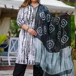 Lee Moda Bandhani Printed V-Neck Straight Kurta With Trousers & Dupatta-image-58
