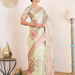 House of Pataudi Floral Printed Chanderi Saree With Blouse Piece image 3
