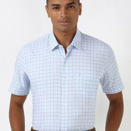 Peter England Men Spread Collar Grid Tattersall Checked Polycotton Slim Fit Formal Shirt-picture-34