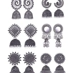 Sangria Set Of 6 Silver-Plated Oxidised Jhumka Earrings-image-69