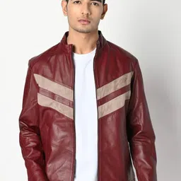 Tortoise Colorblocked Mandarin Collar Lightweight Leather Jacket-picture-47